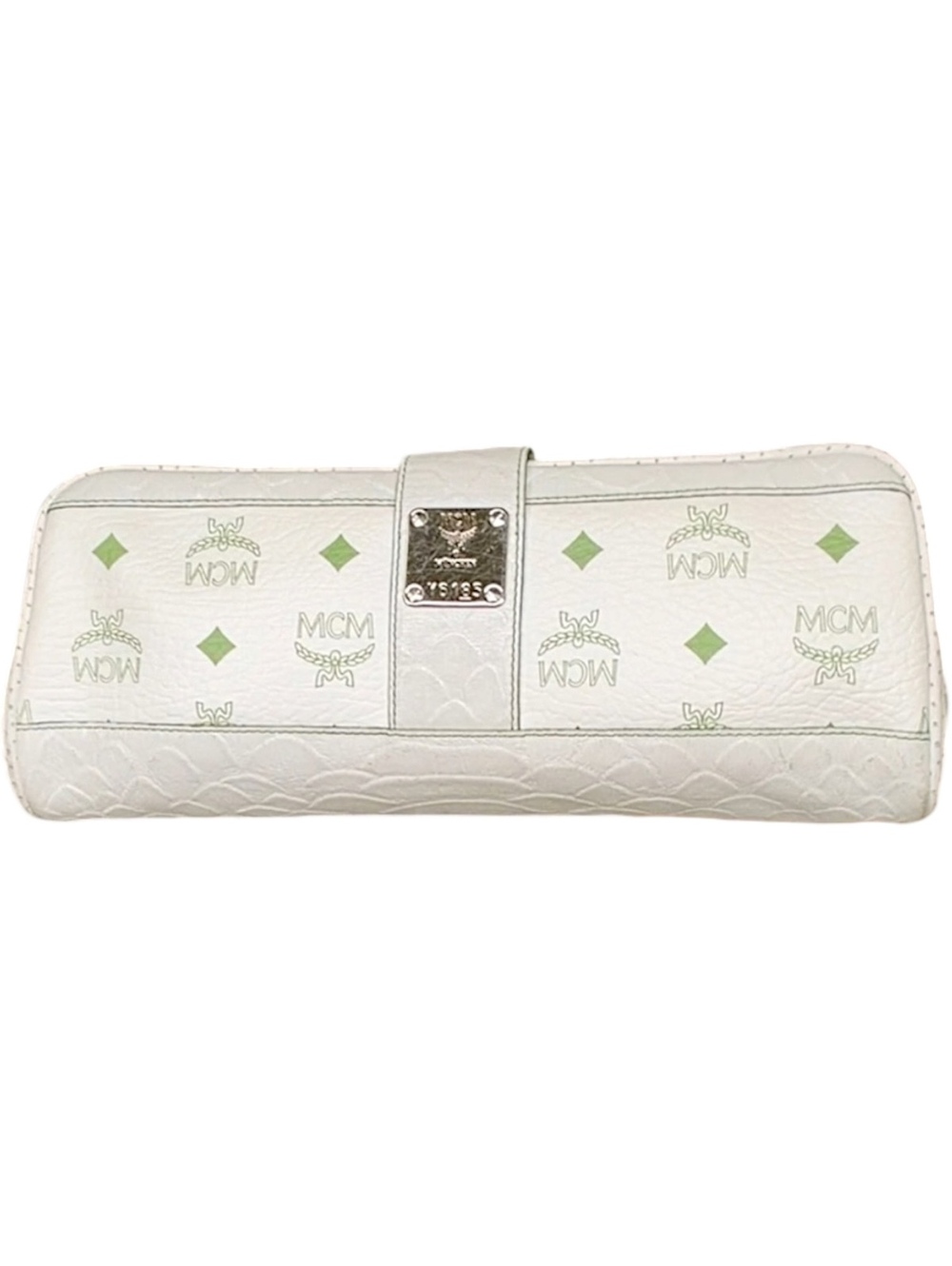 MCM White and Green Leather Clutch Bag